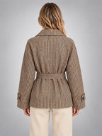 Women's Plaid Jacket – Belted Double Breasted - Taupe Plaid