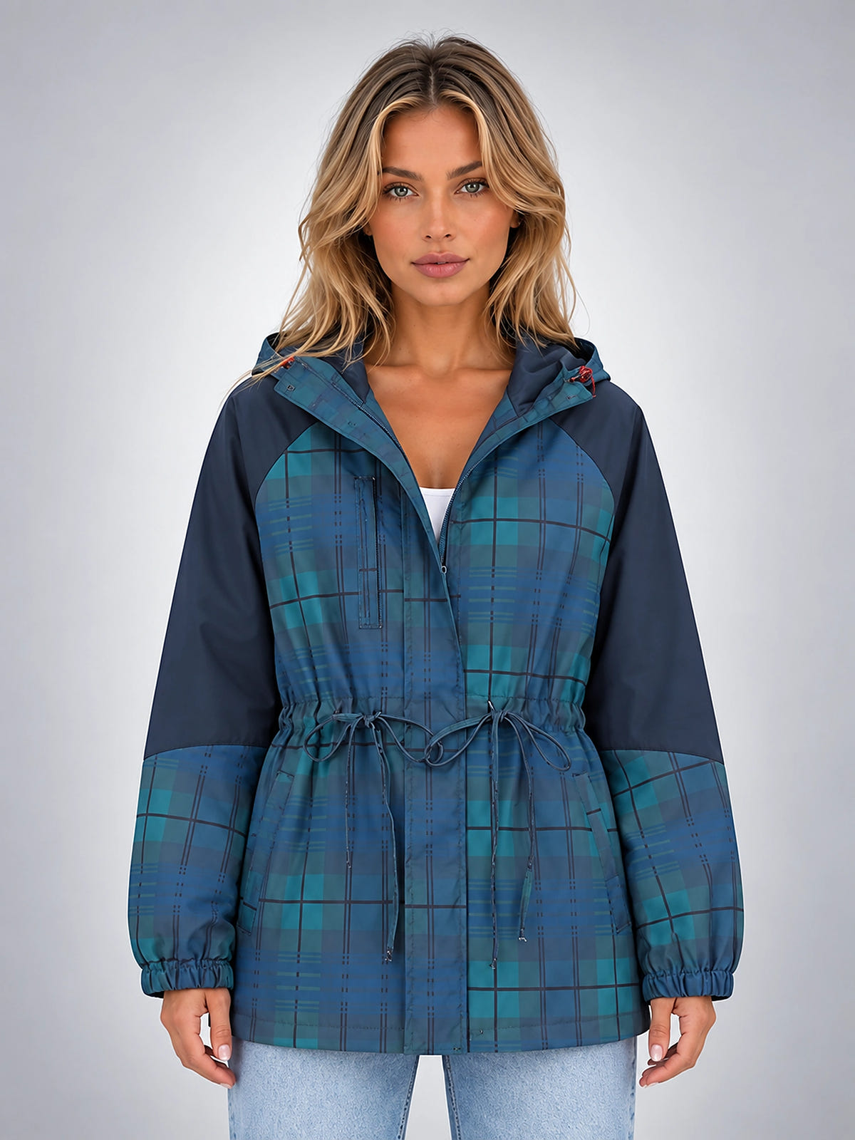 Women's Plaid Overshirt Jacket – Hooded Adjustable Drawstring - Blue Plaid