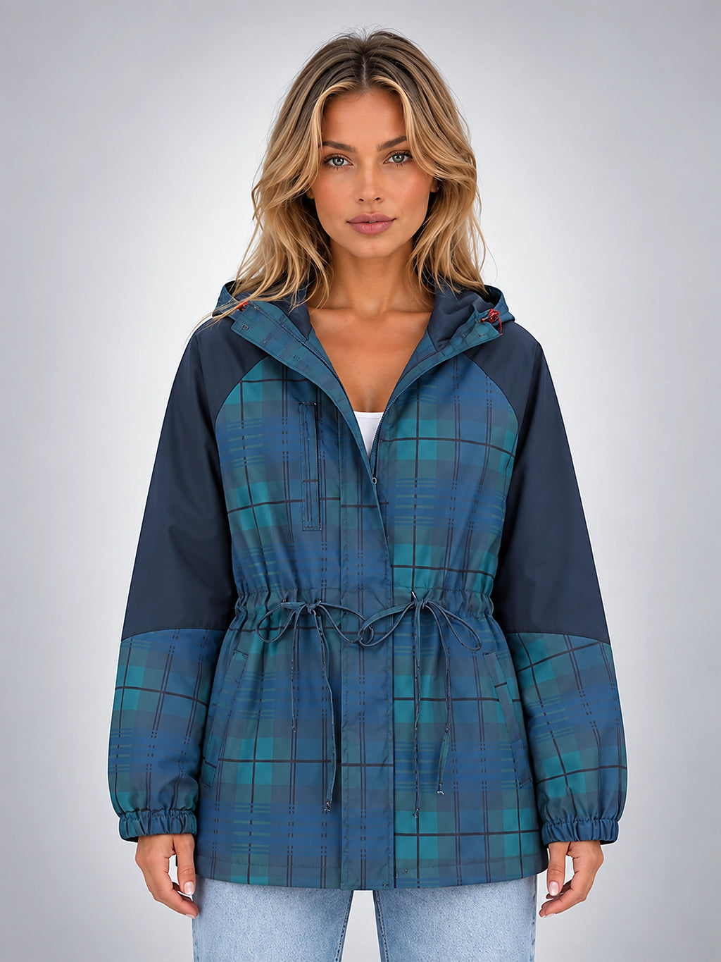 Women's Plaid Overshirt Jacket – Hooded Adjustable Drawstring - Blue Plaid