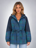 Women's Plaid Overshirt Jacket – Hooded Adjustable Drawstring - Blue Plaid