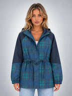 Women's Plaid Overshirt Jacket – Hooded Adjustable Drawstring - Blue Plaid
