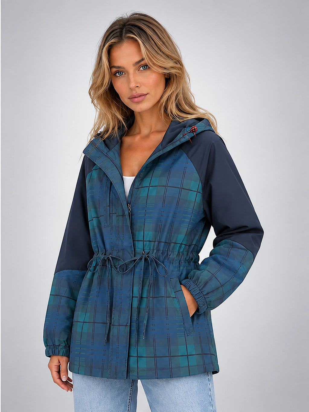 Women's Plaid Overshirt Jacket – Hooded Adjustable Drawstring - Blue Plaid