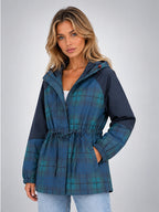 Women's Plaid Overshirt Jacket – Hooded Adjustable Drawstring - Blue Plaid