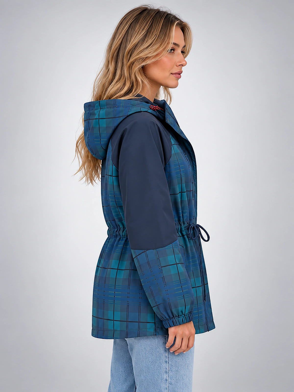 Women's Plaid Overshirt Jacket – Hooded Adjustable Drawstring - Blue Plaid