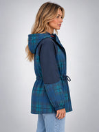 Women's Plaid Overshirt Jacket – Hooded Adjustable Drawstring - Blue Plaid