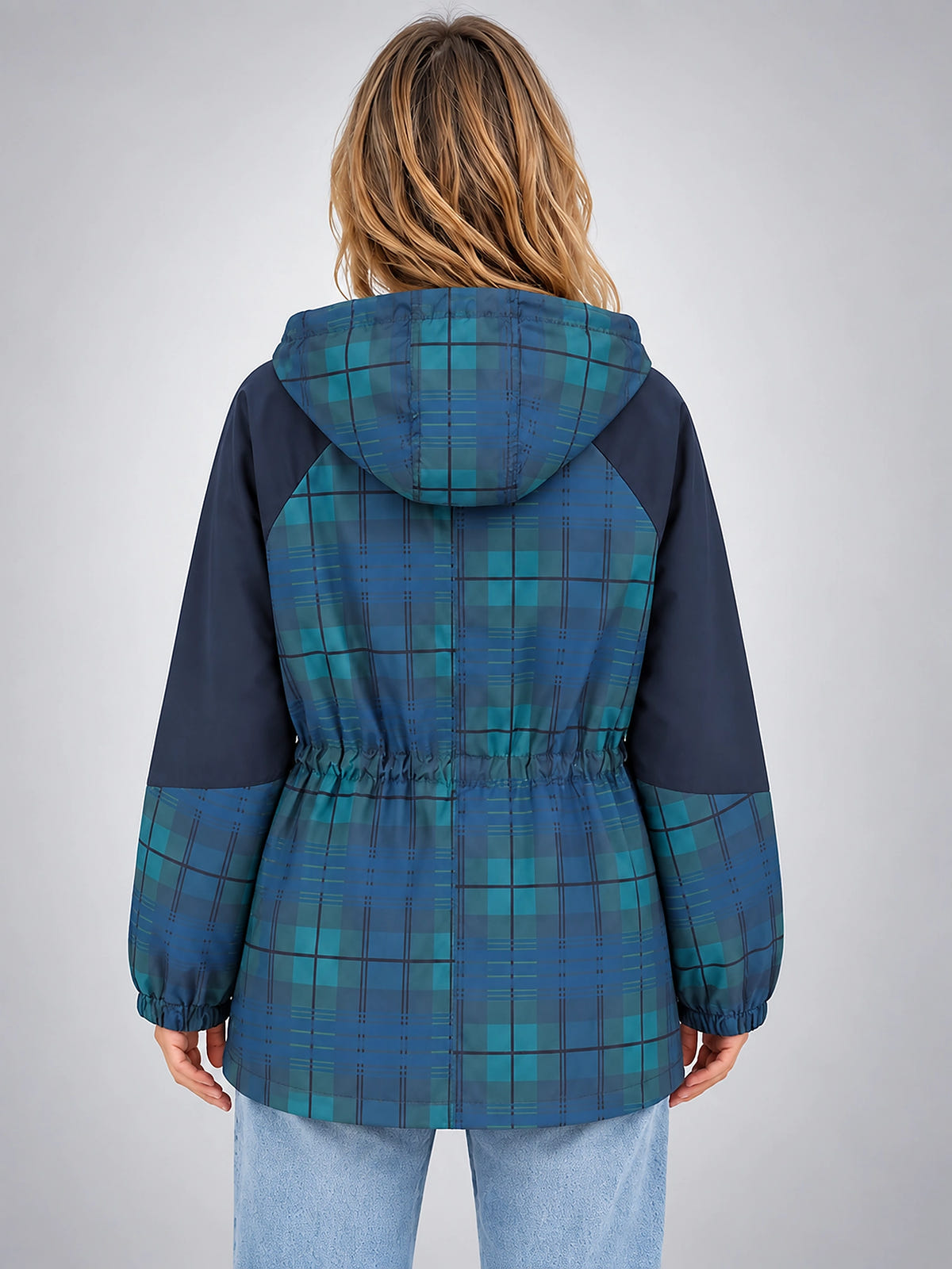 Women's Plaid Overshirt Jacket – Hooded Adjustable Drawstring - Blue Plaid