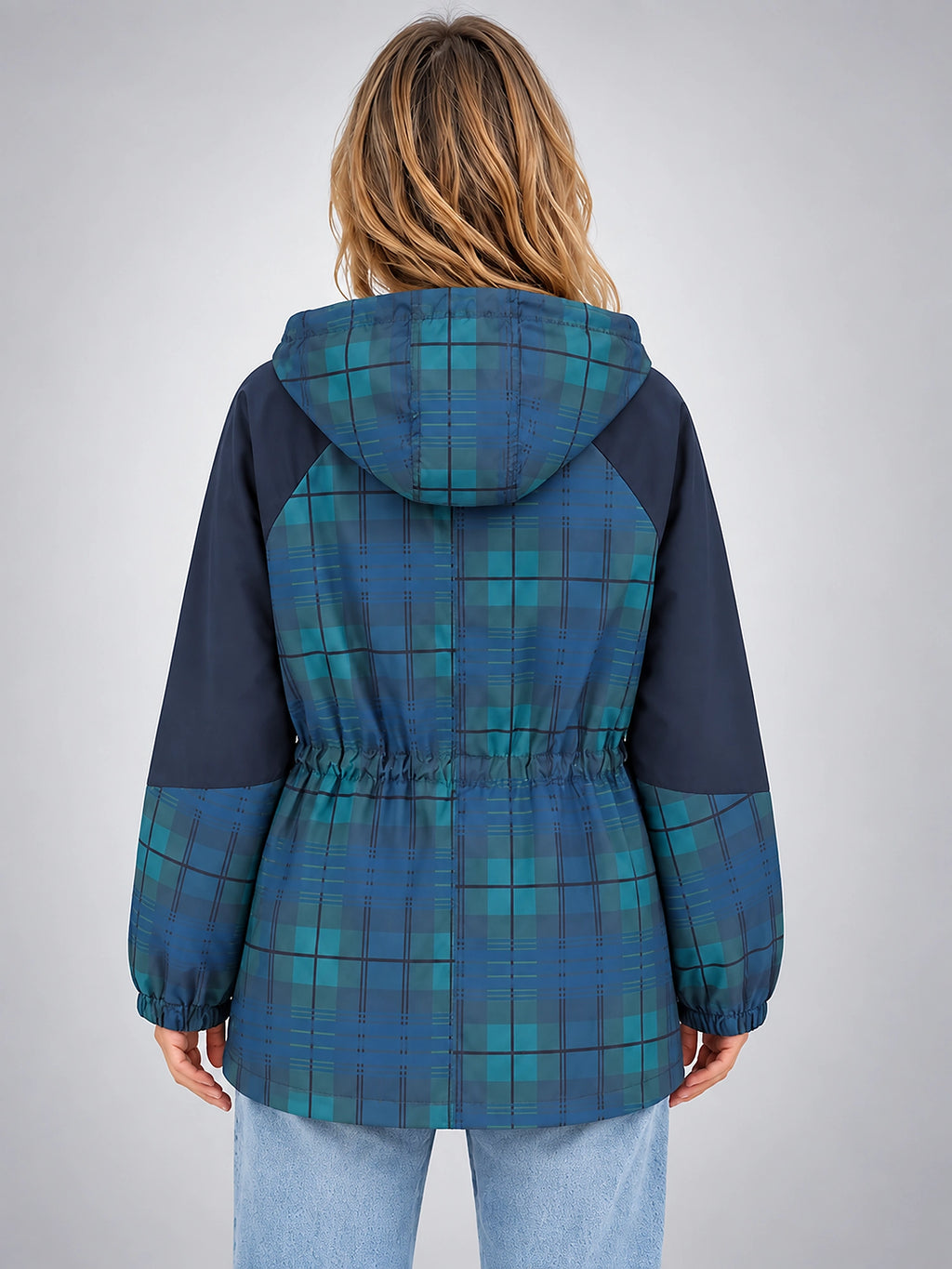 Women's Plaid Overshirt Jacket – Hooded Adjustable Drawstring - Blue Plaid