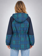 Women's Plaid Overshirt Jacket – Hooded Adjustable Drawstring - Blue Plaid