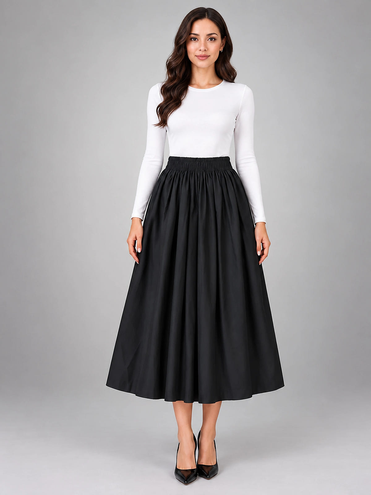 Women's Pleated Midi Skirt – Elastic Waistband - Black