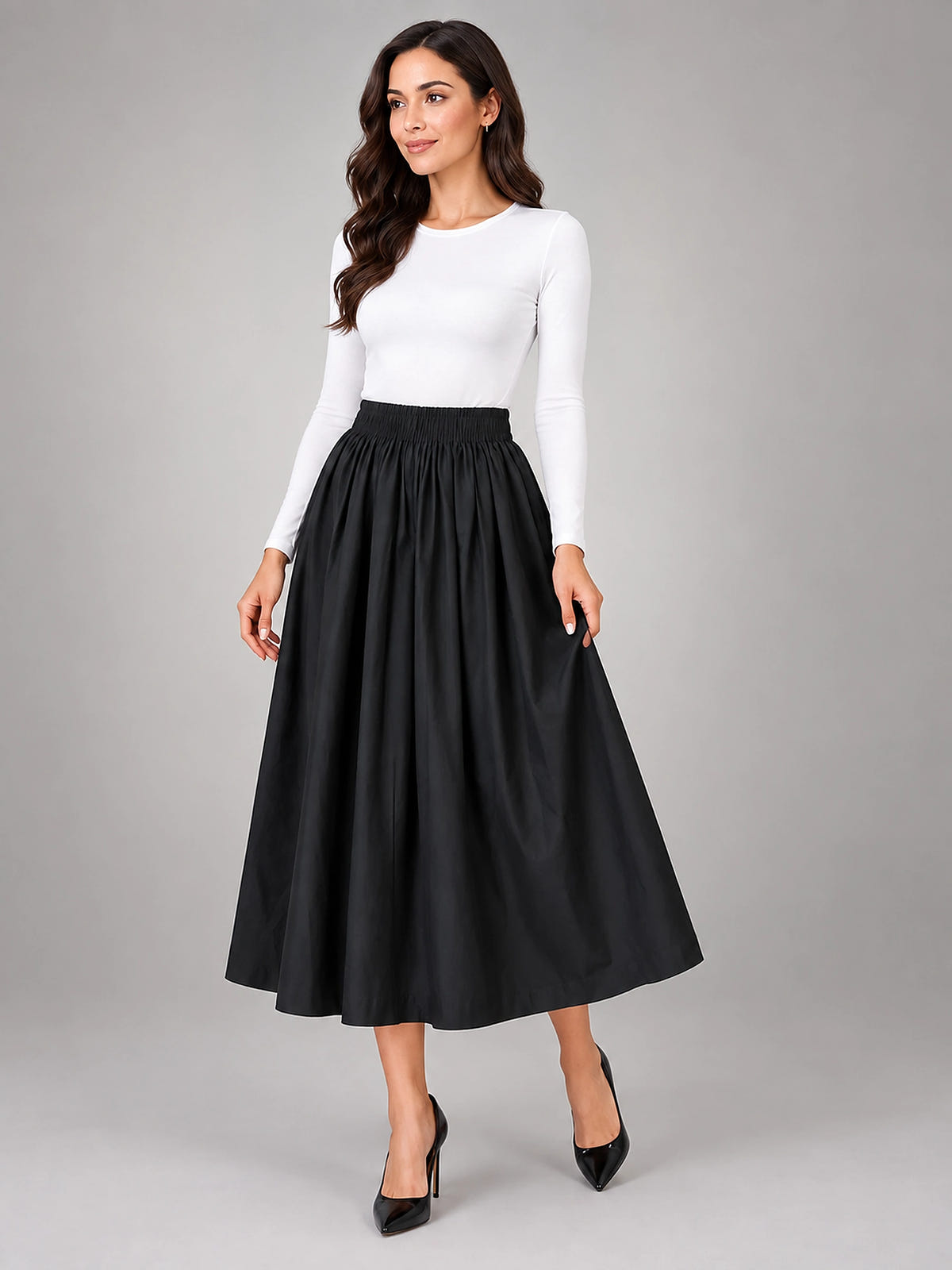 Women's Pleated Midi Skirt – Elastic Waistband - Black