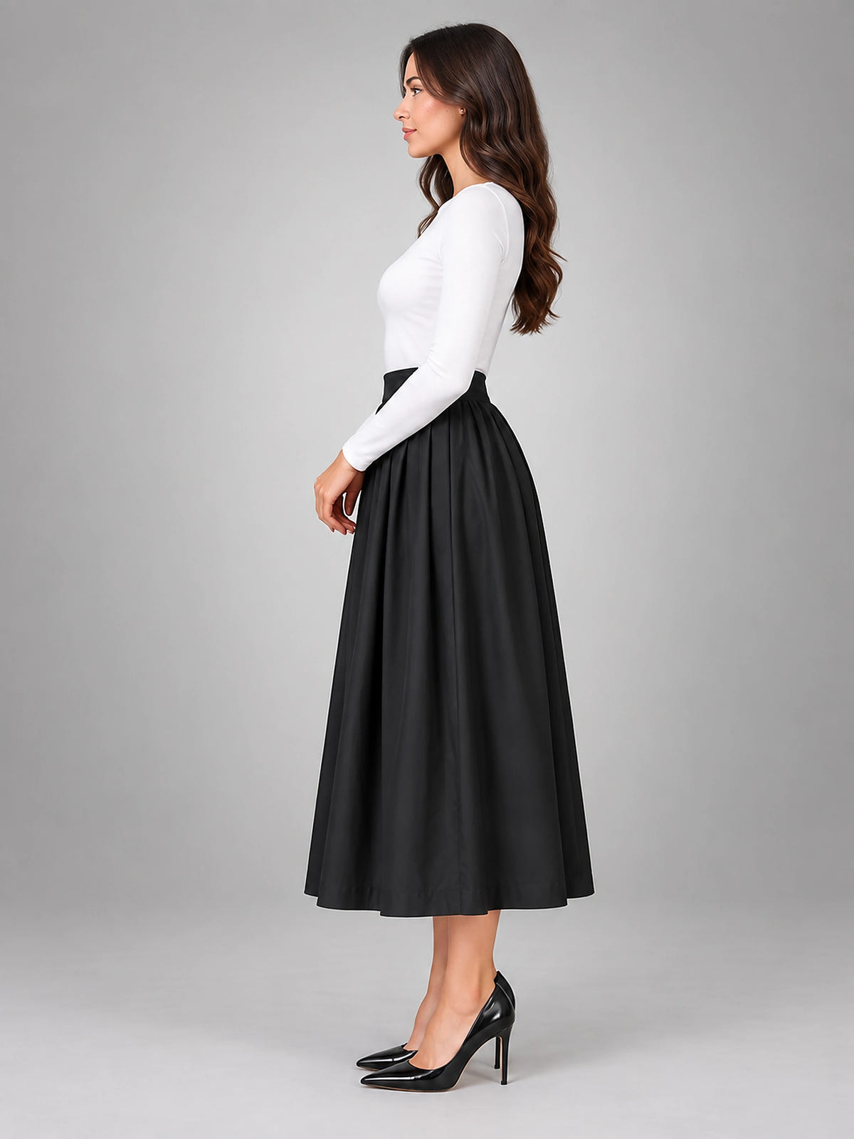 Women's Pleated Midi Skirt – Elastic Waistband - Black
