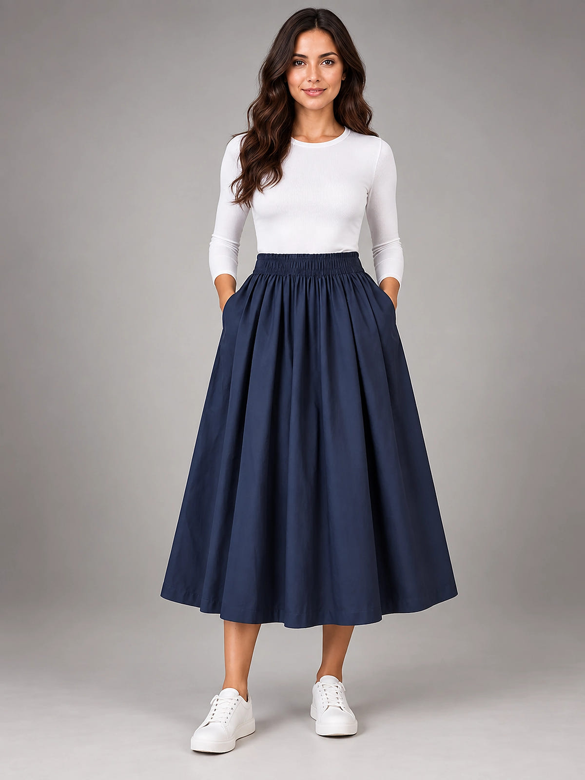 Women's Pleated Midi Skirt – Elastic Waistband - Navy