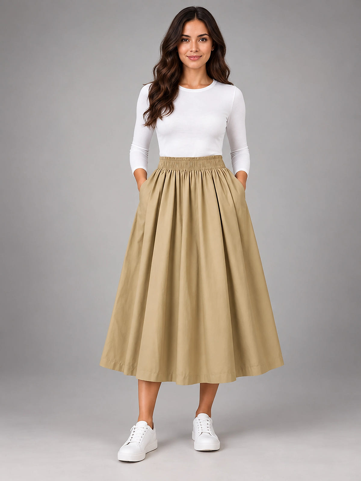 Women's Pleated Midi Skirt – Elastic Waistband - Khaki