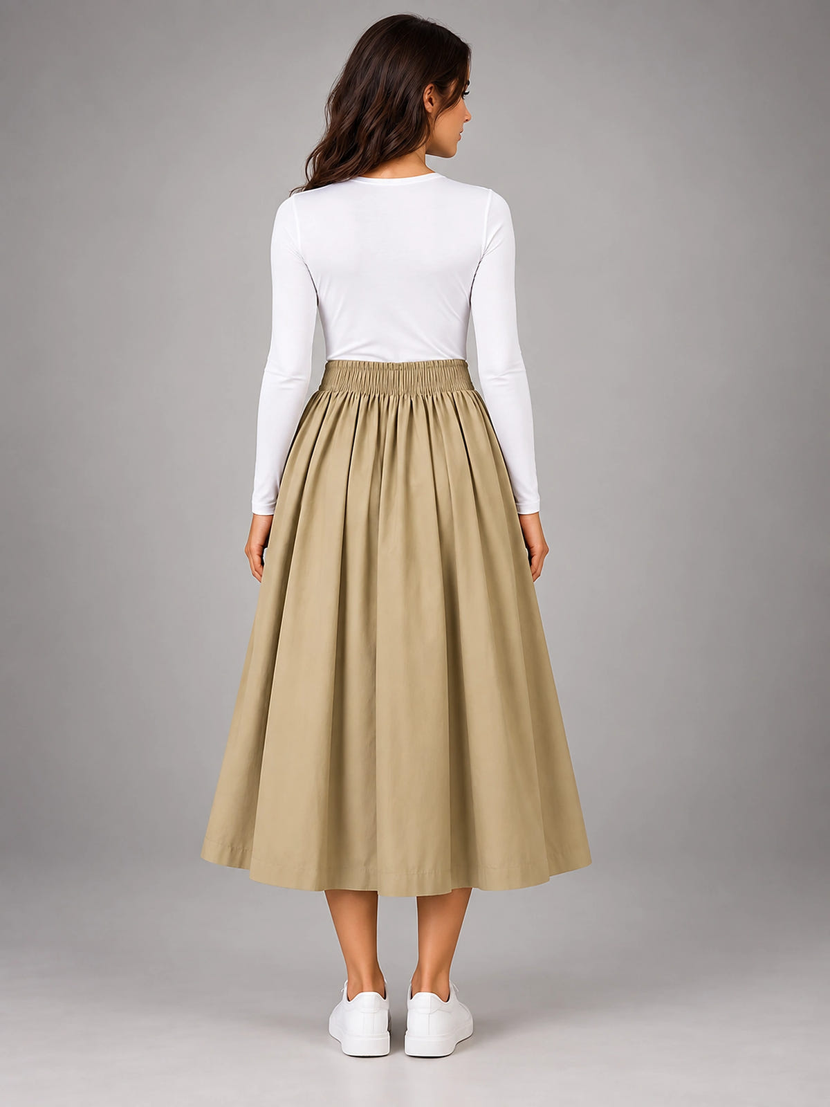 Women's Pleated Midi Skirt – Elastic Waistband - Khaki