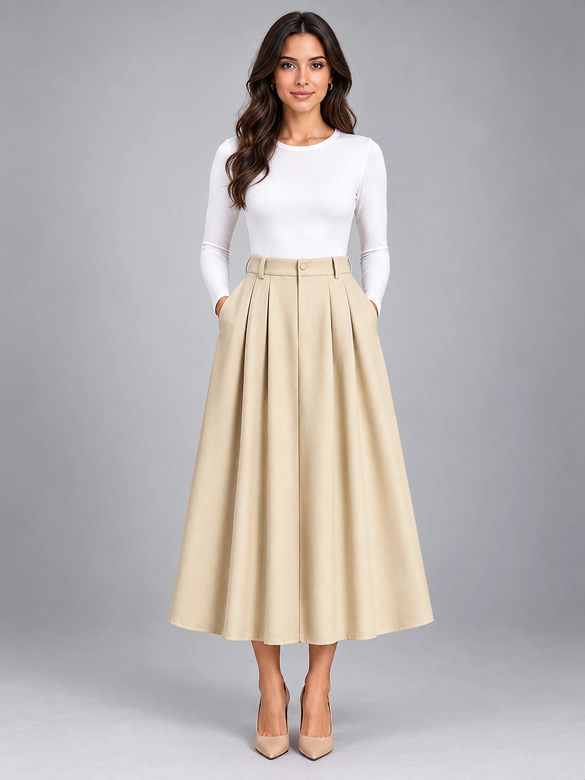 Women's Knife Pleated Midi Skirt – High Rise A-Line - Apricot