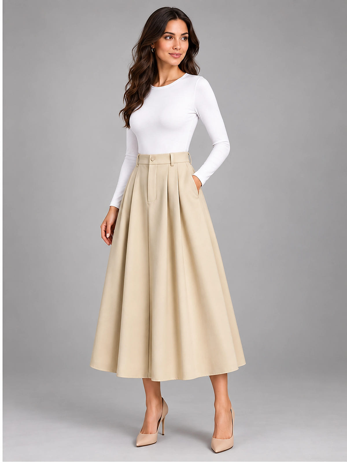 Women's Knife Pleated Midi Skirt – High Rise A-Line - Apricot