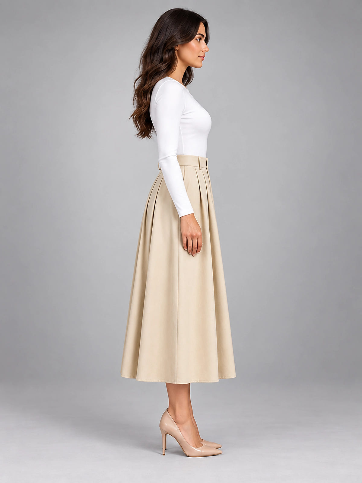 Women's Knife Pleated Midi Skirt – High Rise A-Line - Apricot