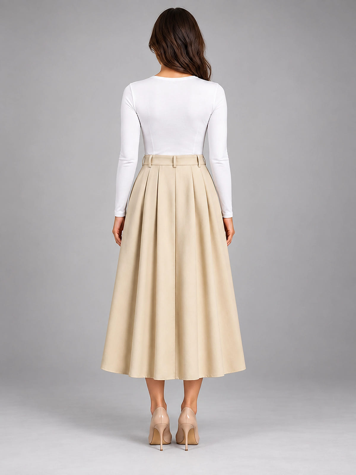 Women's Knife Pleated Midi Skirt – High Rise A-Line - Apricot