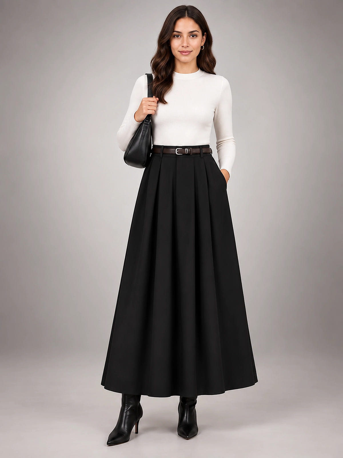Women's Knife Pleated Midi Skirt – High Rise A-Line - Black