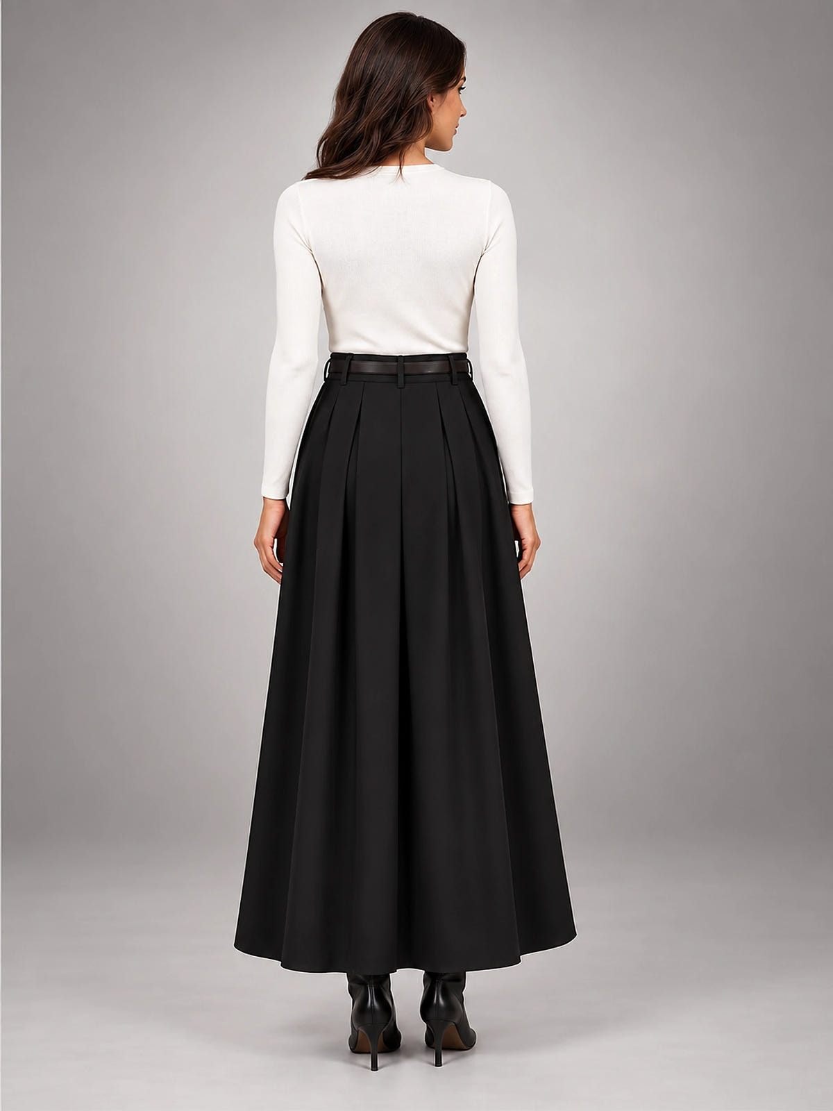 Women's Knife Pleated Midi Skirt – High Rise A-Line - Black