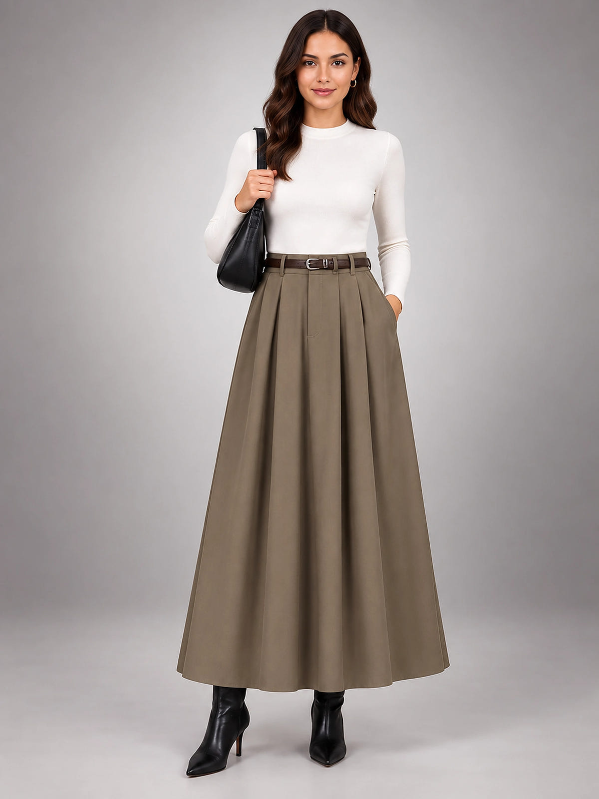 Women's Knife Pleated Midi Skirt – High Rise A-Line - Olive