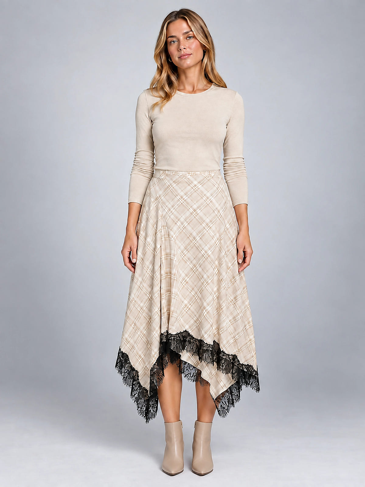 Women's Plaid Midi Skirt – Lace Trim Uneven Hemline - Apricot Plaid