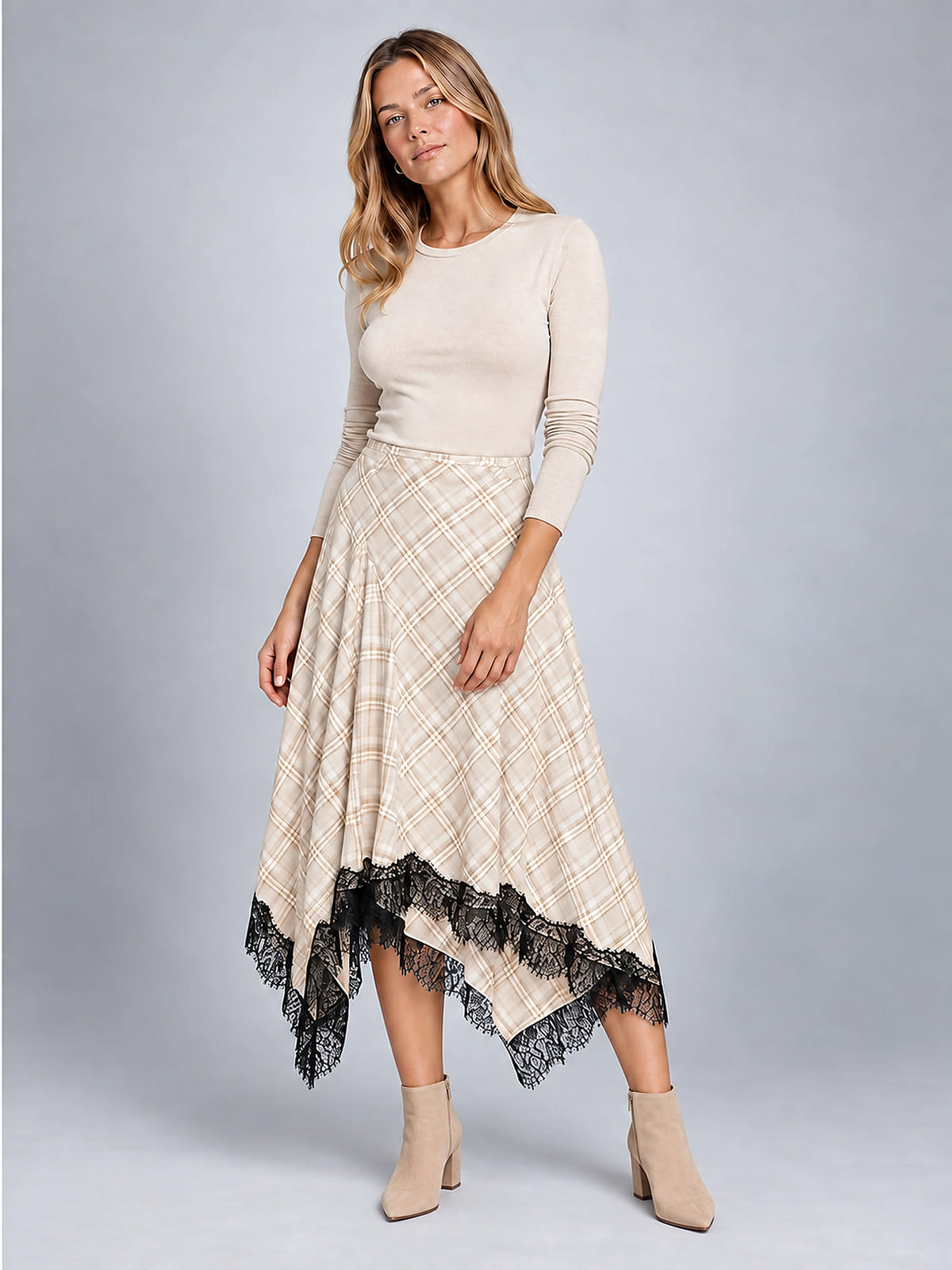 Women's Plaid Midi Skirt – Lace Trim Uneven Hemline - Apricot Plaid