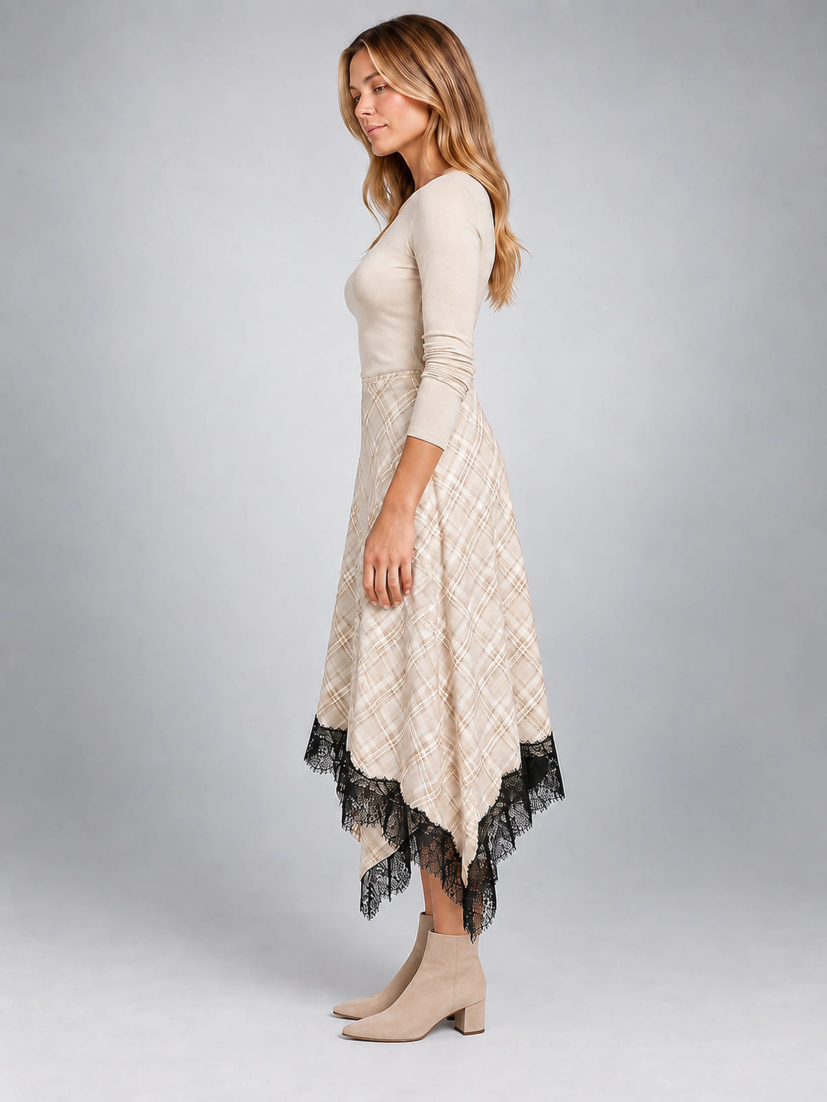 Women's Plaid Midi Skirt – Lace Trim Uneven Hemline - Apricot Plaid