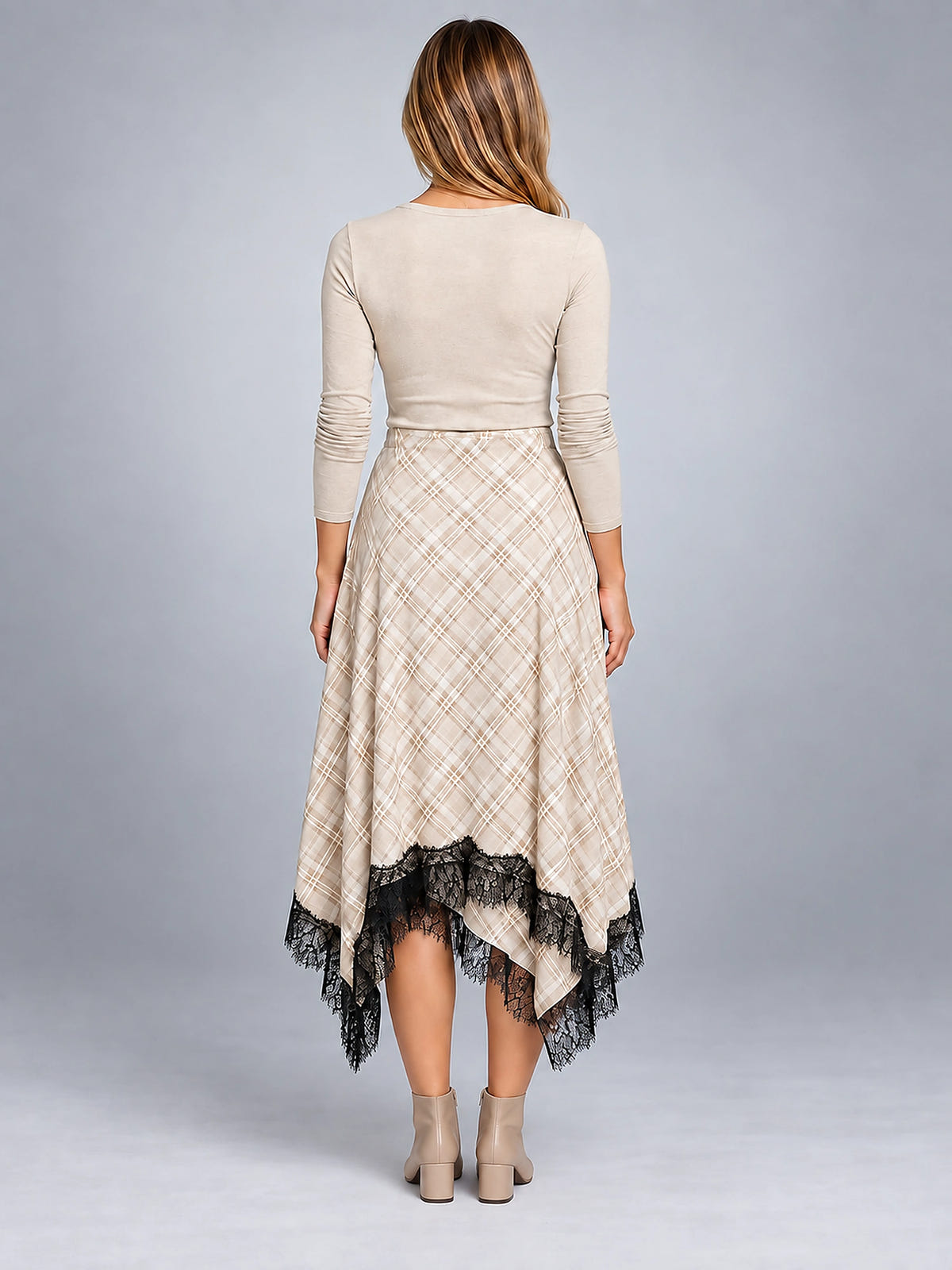 Women's Plaid Midi Skirt – Lace Trim Uneven Hemline - Apricot Plaid