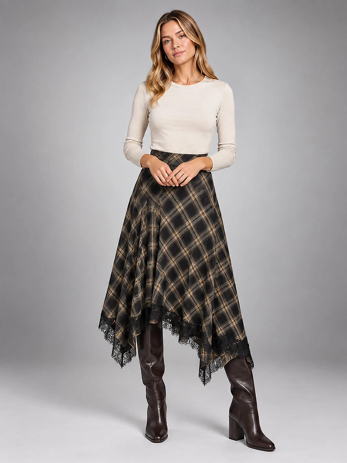 Women's Plaid Midi Skirt – Lace Trim Uneven Hemline - Black Plaid