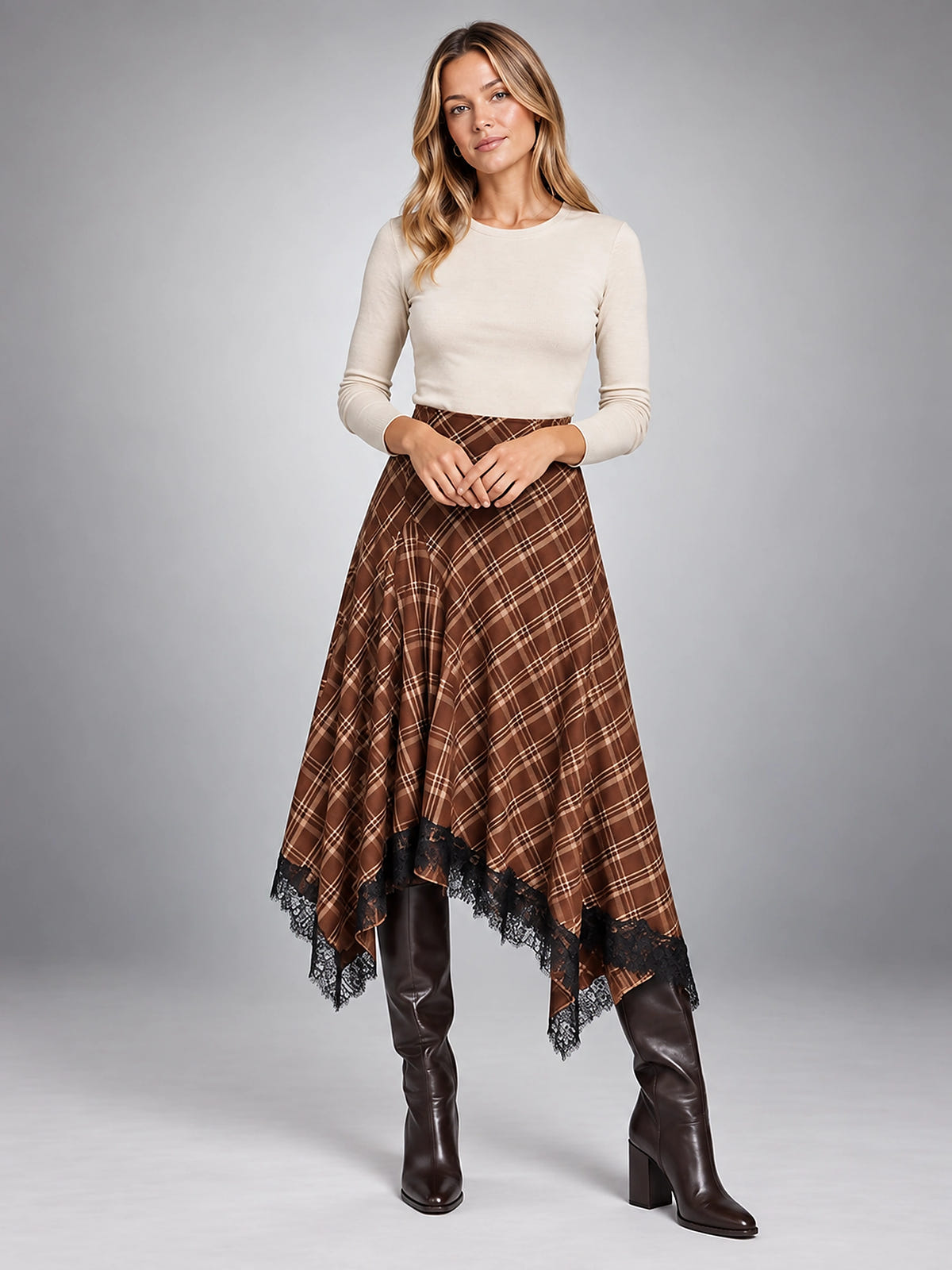 Women's Plaid Midi Skirt – Lace Trim Uneven Hemline - Brown Plaid