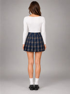 Women's Preppy Plaid Mini Skirt – Knife Pleated A-Line - Navy Tan Plaid