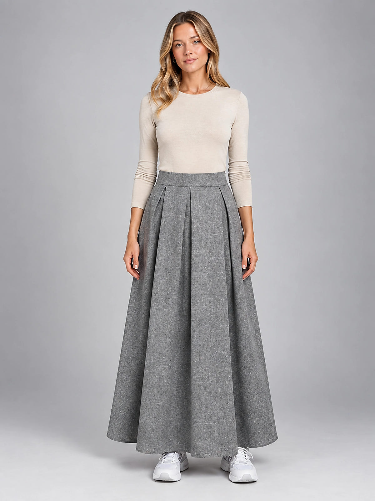 Women's Pleated Maxi Skirt – Full Length Relaxed Column - Gray