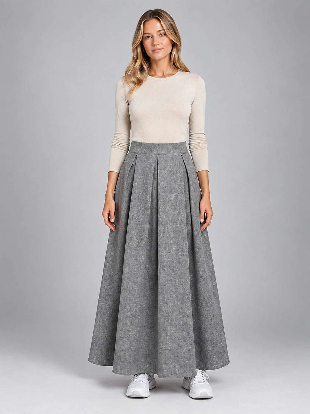 Women's Pleated Maxi Skirt – Full Length Relaxed Column - Gray