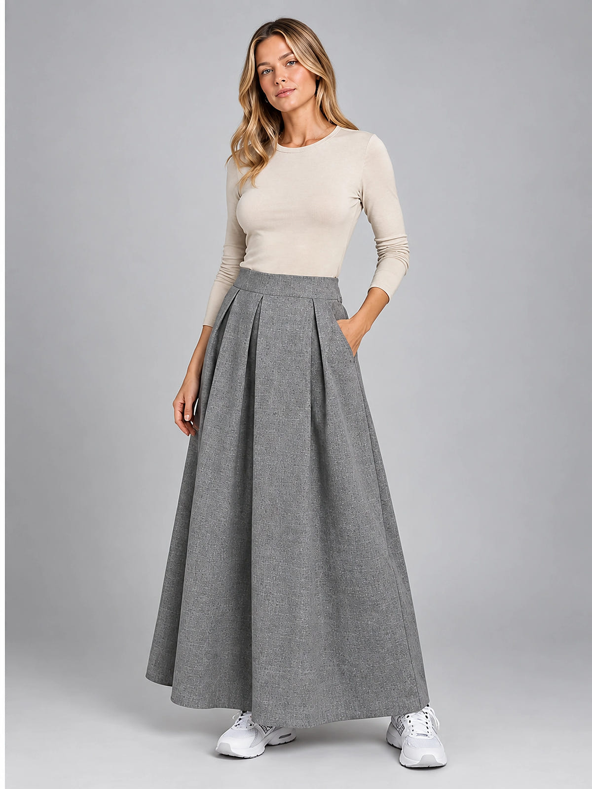 Women's Pleated Maxi Skirt – Full Length Relaxed Column - Gray