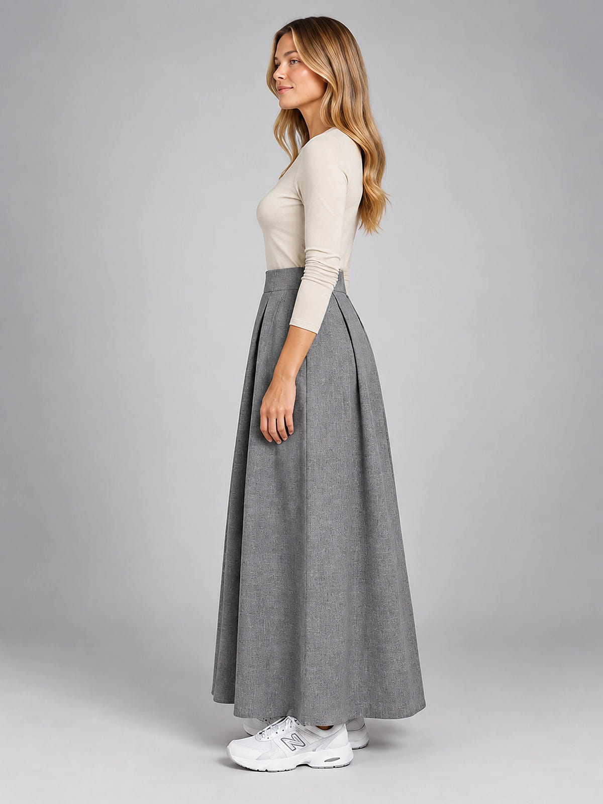 Women's Pleated Maxi Skirt – Full Length Relaxed Column - Gray