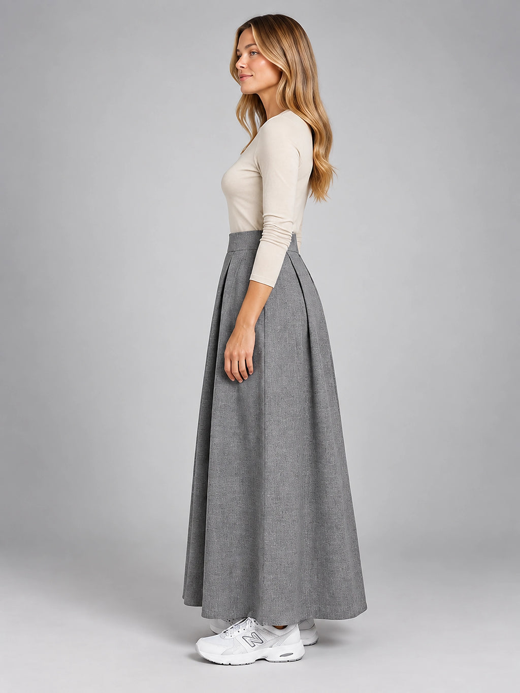 Women's Pleated Maxi Skirt – Full Length Relaxed Column - Gray