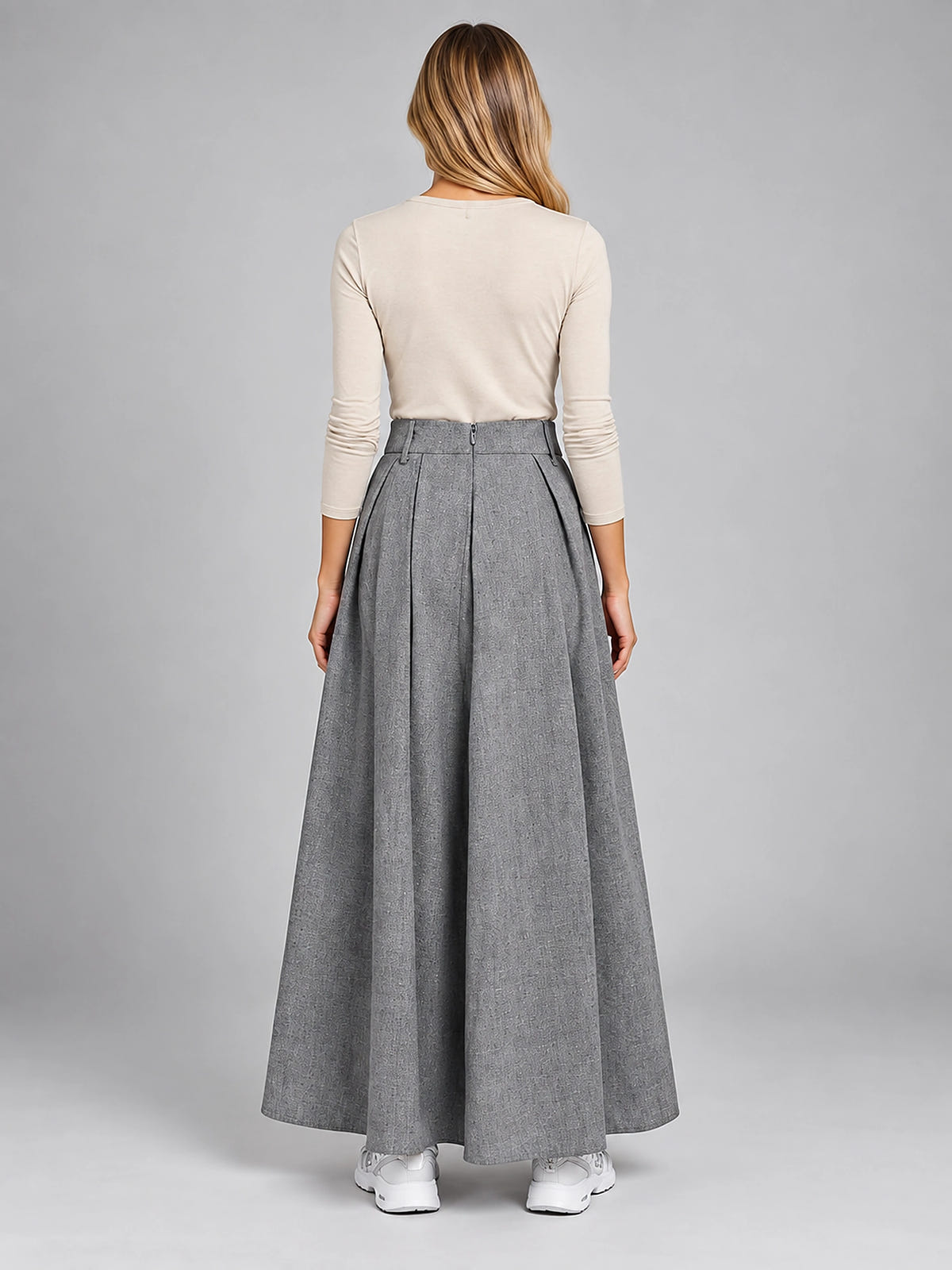 Women's Pleated Maxi Skirt – Full Length Relaxed Column - Gray