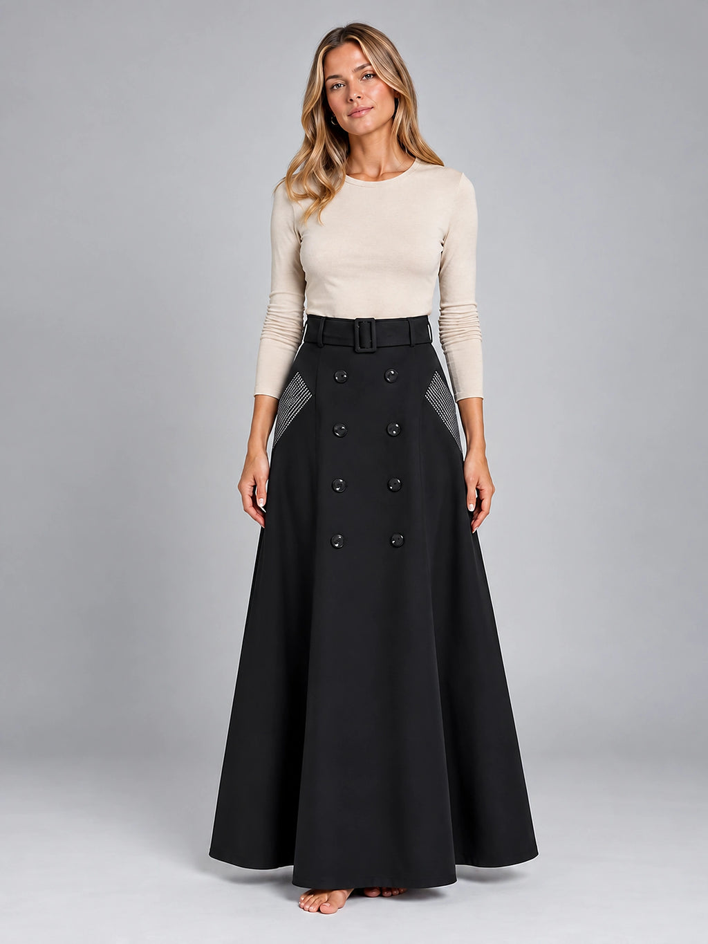 Women's Maxi Skirt – Double Breasted Belted A-Line - Black