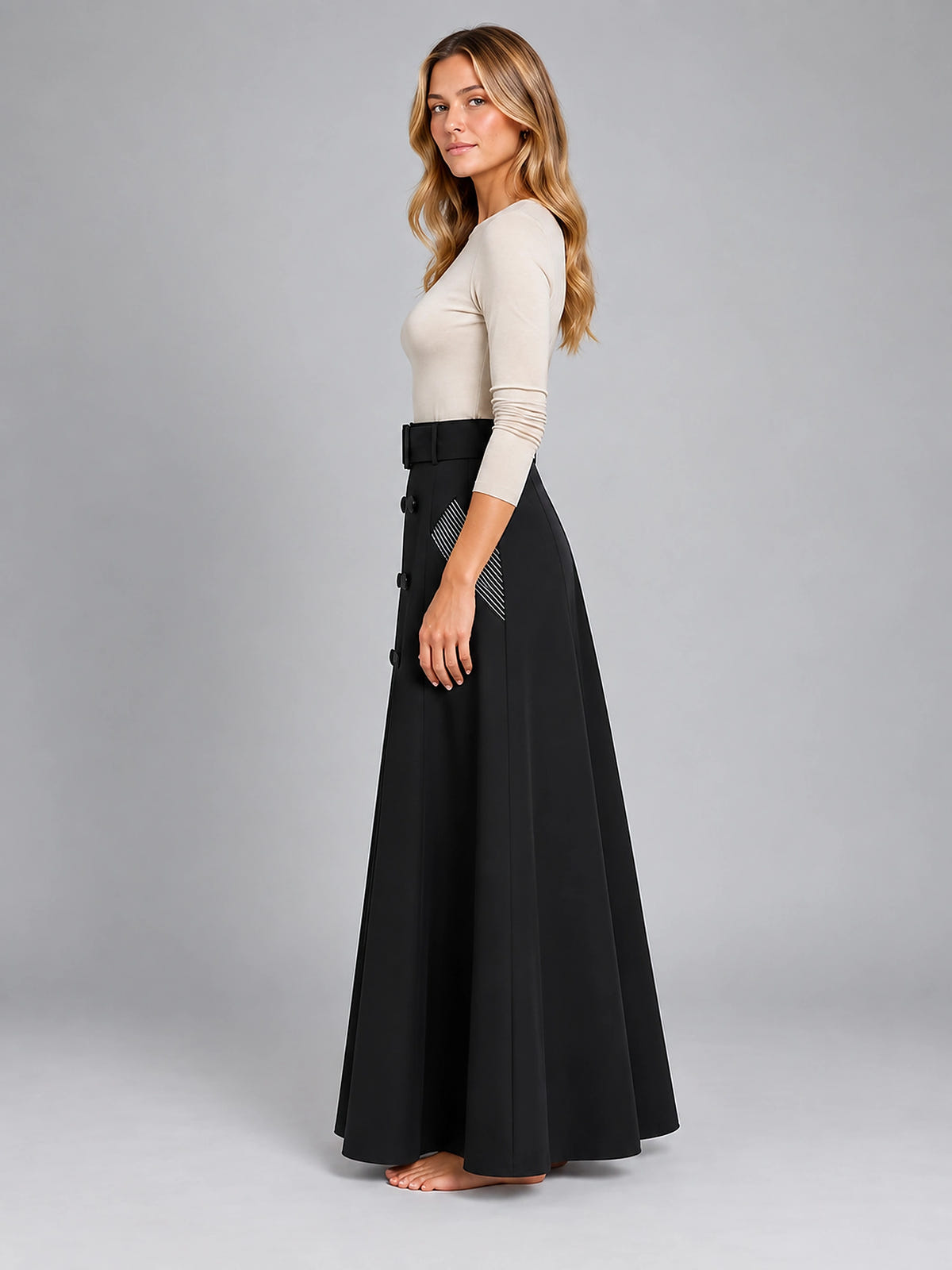 Women's Maxi Skirt – Double Breasted Belted A-Line - Black