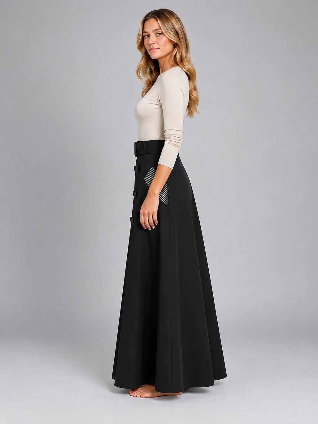 Women's Maxi Skirt – Double Breasted Belted A-Line - Black
