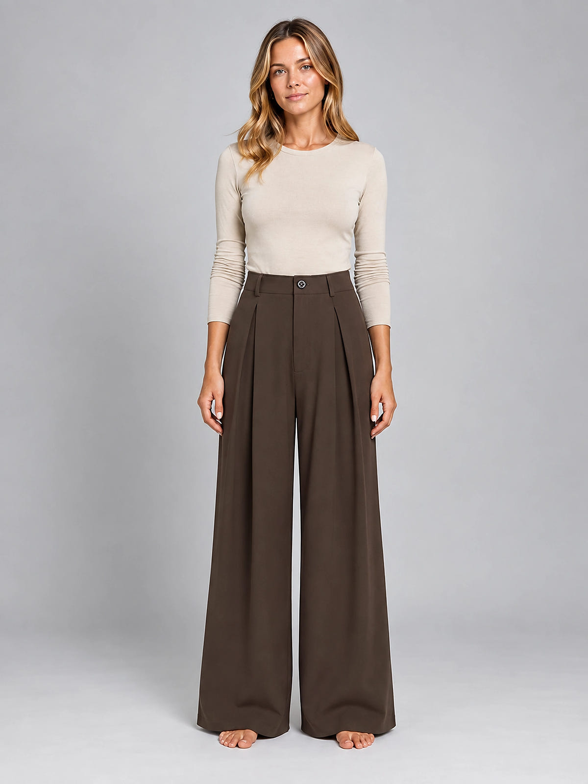 Women's Jacquard Pants – Pleated Wide Leg - Coffee