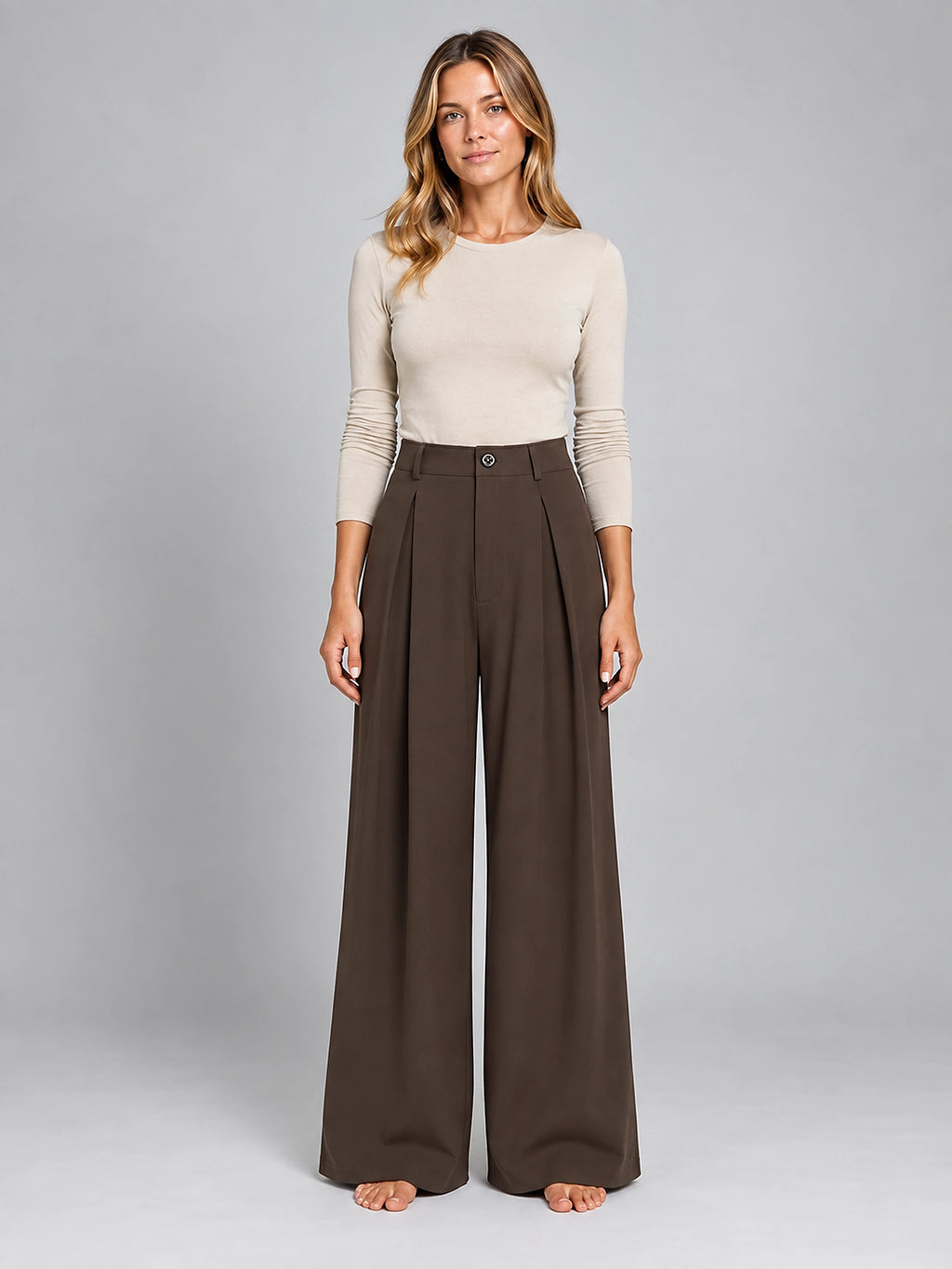 Women's Jacquard Pants – Pleated Wide Leg - Coffee