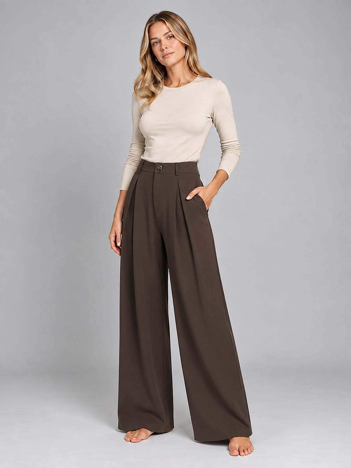 Women's Jacquard Pants – Pleated Wide Leg - Coffee