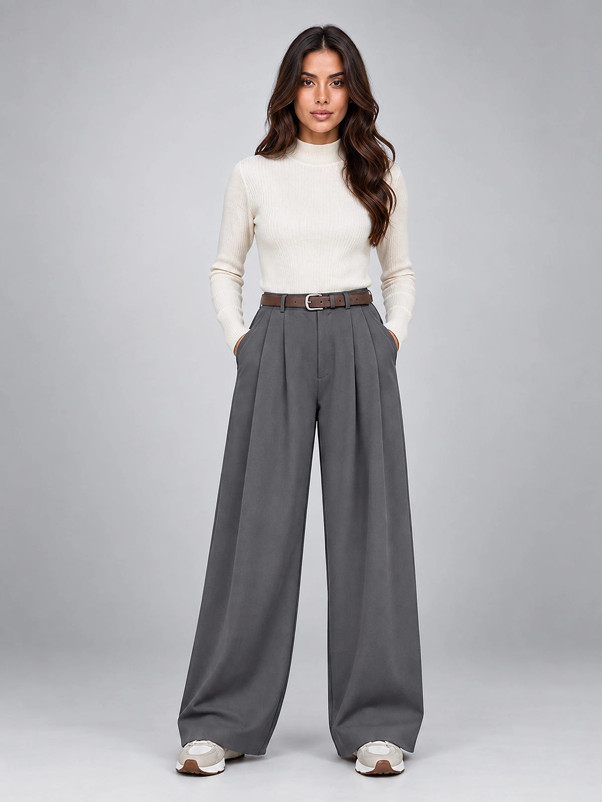 Women's Suit Pants – Belted High Waisted Wide Leg - Gray