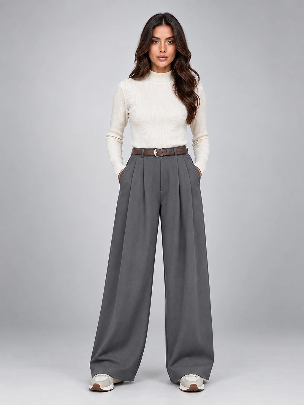 Women's Suit Pants – Belted High Waisted Wide Leg - Gray