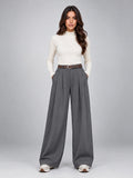 Women's Suit Pants – Belted High Waisted Wide Leg - Gray
