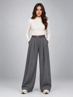 Women's Suit Pants – Belted High Waisted Wide Leg - Gray