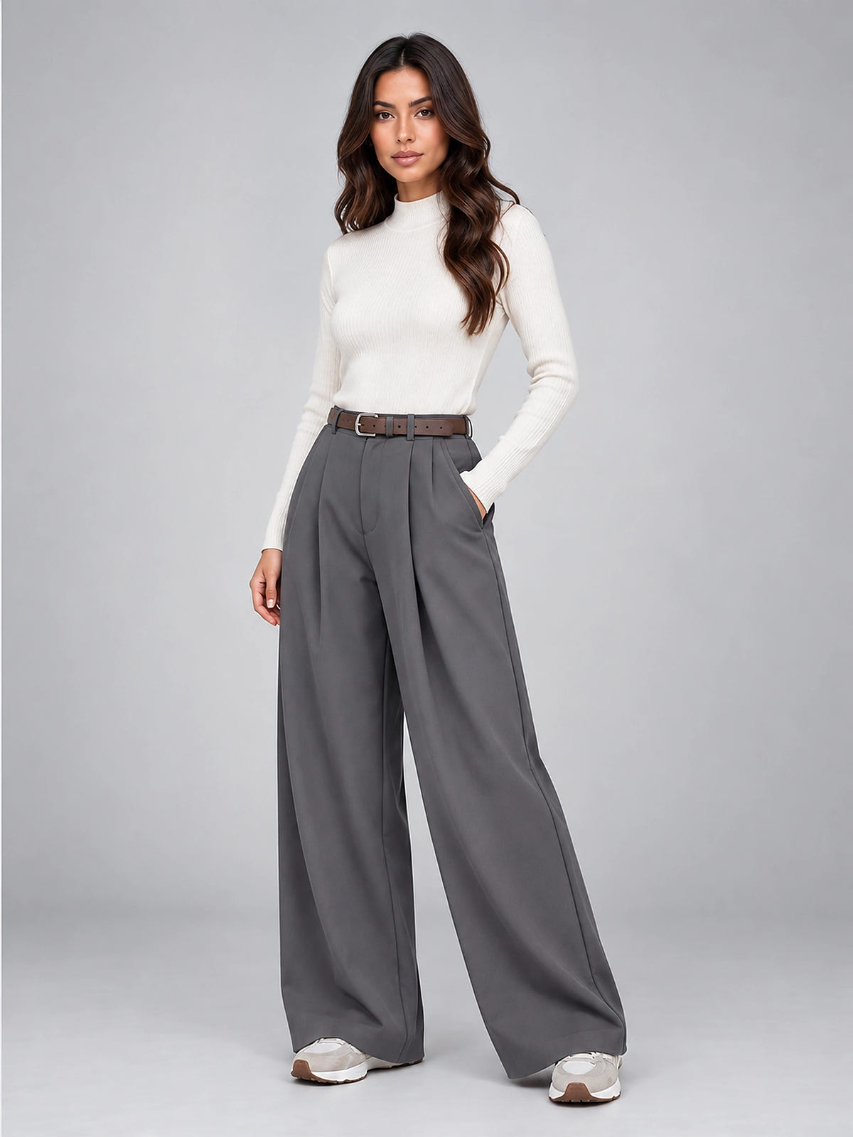 Women's Suit Pants – Belted High Waisted Wide Leg - Gray