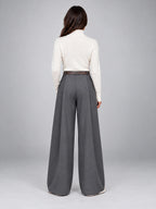 Women's Suit Pants – Belted High Waisted Wide Leg - Gray